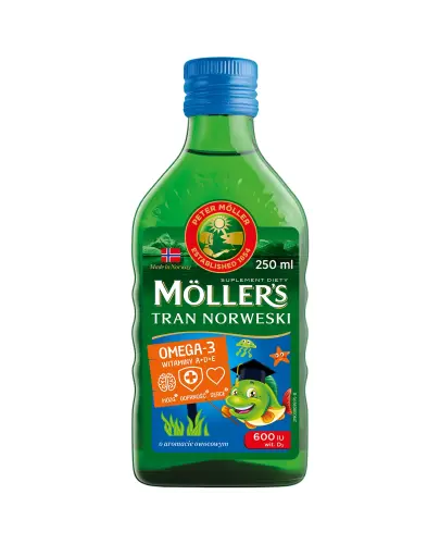 Moller's Tran Norweski, owocowy, 250 ml - Olej rybi z kwasami Omega-3 i witaminami. Dla dorosłych i dzieci powyżej 3. roku życia