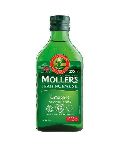 Moller's Tran Norweski, naturalny smak, 250 ml - Olej rybi z kwasami Omega-3 i witaminami. Dla dorosłych i dzieci powyżej 3. roku życia