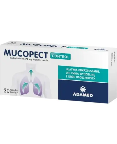 Mucopect Control 375mg, 30 kapsułek twardych - Kapsułki twarde z karbocysteiną, która zmniejsza lepkości flegmy, ułatwia odkrztuszenie