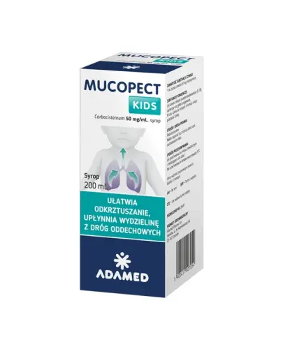 Mucopect Kids 50 mg/ml, syrop 200 ml - Syrop z karbocysteiną, która zmniejsza lepkości flegmy, ułatwia odkrztuszenie dla dzieci powyżej 6. roku życia