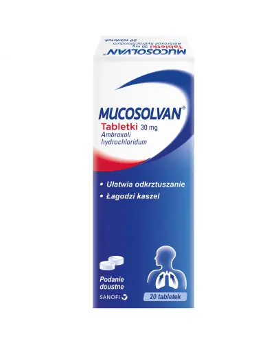 Mucosolvan 30mg, 20 tabletek - Tabletki z z ambroksolem, ułatwiają odkrztuszanie i łagodzi kaszel