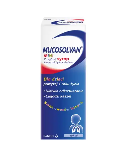 Mucosolvan Mini 15mg/5ml, syrop, 100 ml - Syrop z ambroksolem, ułatwia odkrztuszanie i łagodzi kaszel