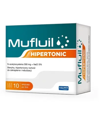 Mufluil Hipertonic, 10 ampułek po 5 ml - Sterylny roztwór do zakraplania i nebulizacji z N-acetylocysteiną i hipertonicznym roztworem chlorku sodu (3% NaCl)