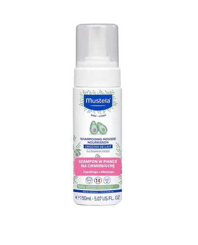 Mustela Bebe-Enfant szampon w piance dla niemowląt, 150 ml - Szampon w piance dla niemowląt, który zapewnia codzienną pielęgnację i oczyszczanie delikatnej skóry głowy dziecka i włosów