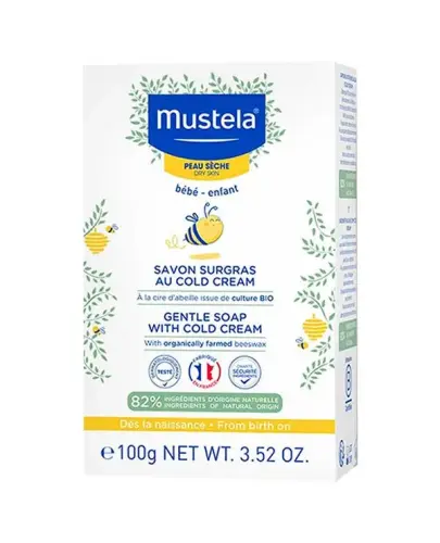 Mustela Bebe Enfant Delikatne mydło z Cold Cream i organicznym woskiem pszczelim, 100 g  - Delikatnie myje i nawilża skórę oraz kompensuje wysuszające działanie twardej wody