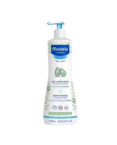 Mustela Bebe Enfant Delikatny żel do mycia ciała i głowy, 750 ml - Oczyszcza, chroniąc jednocześnie delikatną skórę ciała i głowy