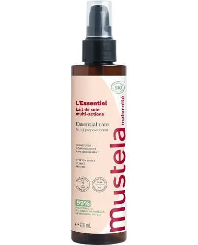 Mustela Maternite Essential Care Multifunkcyjne mleczko organiczne dla kobiet w ciąży i po porodzie, 200 ml - Nie zawiera szkodliwych substancji chemicznych jest bezpieczny dla mamy i dziecka