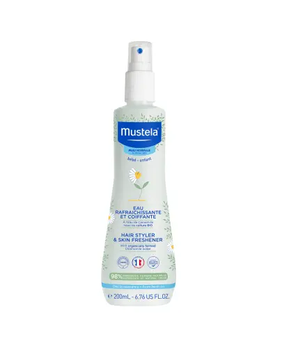 Mustela Odświeżający spray ułatwiający rozczesywanie włosów, 200 ml  - Odświeża skórę głowy i włosy maluszka ułatwiając ich rozczesywanie.