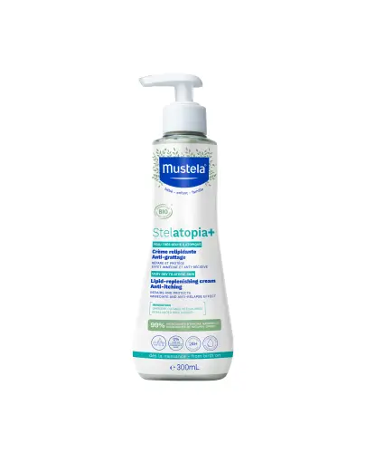 Mustela Stelatopia+ Krem uzupełniający lipidy, 300 ml - Przeciwświądowy krem do suchej i skłonnej do atopii skóry.