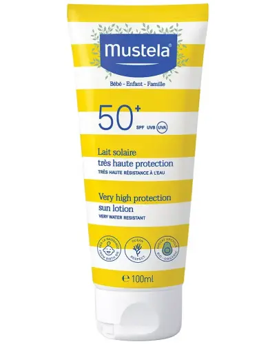 Mustela Sun Bebe Enfant-Famille Mleczko przeciwsłoneczne SPF 50+, 100 ml  - Łatwa w aplikacji formuła, wysokoodporna i odporna na ścieranie