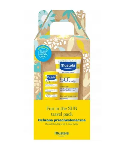 Mustela zestaw mleczko przeciwsłoneczne SPF 50+, 40 ml + sztyft przeciwsłoneczny SPF 50+, 9 ml - Zestaw kosmetyków zapewniający pielęgnację oraz ochronę przeciwsłoneczną skóry dziecka