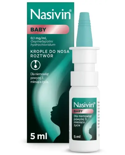 Nasivin Baby 0,1 mg/ml, krople do nosa, roztwór, 5 ml - Krople z oksymetazoliną dla niemowląt powyżej 3. miesiąca życia do ukończenia 1. roku życia.