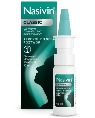 Nasivin Classic 0,5 mg/ml, aerozol do nosa, 10 ml - Roztwór z oksymetazoliną dla dorosłych i dzieci w wieku powyżej 6. roku życia.