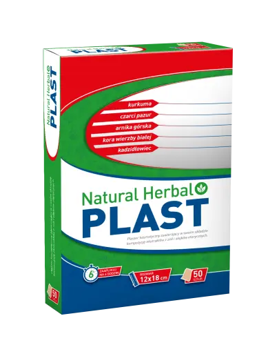 Natural Herbal Plast Plaster ziołowy 12 cm x 18 cm, 50 sztuk - Kompozycja ekstraktów z ziół i olejków eterycznych