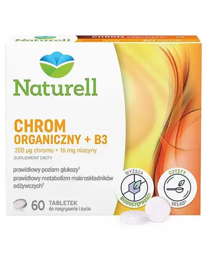 Naturell Chrom Organiczny + B3, tabletki do rozgryzania i żucia 60 sztuk - Pomagają w utrzymaniu prawidłowego poziomu glukozy