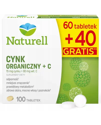 Naturell Cynk organiczny + C, 100 tabletek - Suplement diety z cynkiem i witaminą C