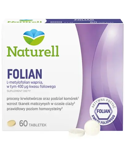 Naturell Folian, 60 tabletek - Zawierają aktywną formę kwasu foliowego w postaci L-metylofolianu wapnia