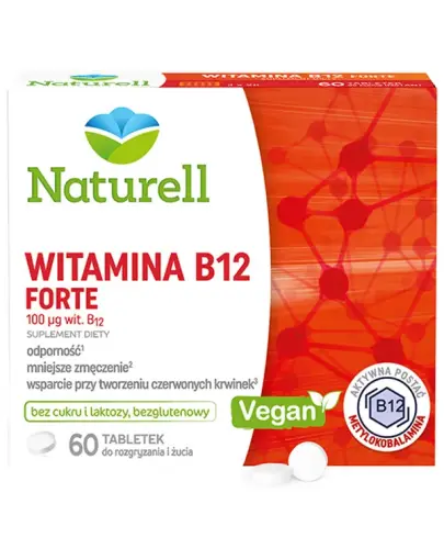 Naturell Witamina B12 Forte, 100 µg, 60 tabletek - Do rozgryzania i żucia, bez cukru i laktozy oraz glutenu z aktywną formą witaminy B12 