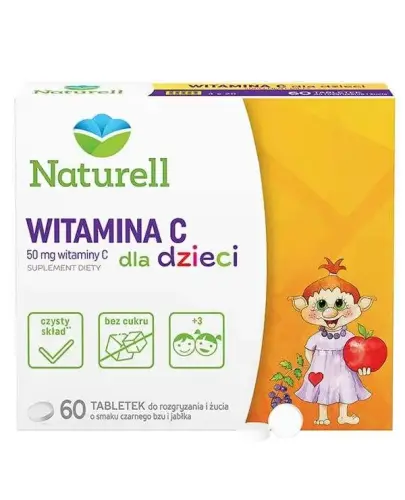 Naturell Witamina C 50 mg dla dzieci, 60 tabletek do rozgryzania i żucia - O smaku czarnego bzu i jabłka, przy niedoborze witaminy C, przeziębieniu i słabej odporności