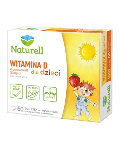 Naturell Witamina D dla dzieci, 60 tabletek - Do żucia i rozgryzania o smaku waniliowo-truskawkowym