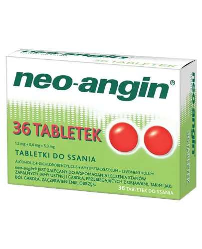 Neo-angin, 1,2 mg + 0,6 mg + 5,9 mg, 36 tabletek do ssania - Na stan zapalny jamy ustnej i gardła