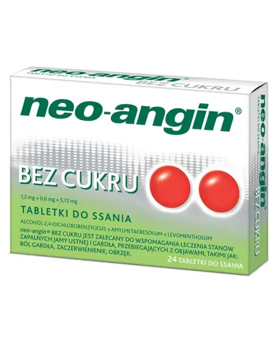 Neo-angin bez cukru, 1,2 mg + 0,6 mg + 5,72 mg, 24 tabletki do ssania - O działaniu antyseptycznym na stan zapalny jamy ustnej i gardła