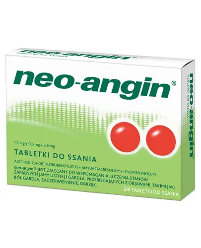 Neo-angin, 1,2 mg + 0,6 mg + 5,9 mg, 24 tabletki do ssania - O działaniu antyseptycznym na stan zapalny jamy ustnej i gardła