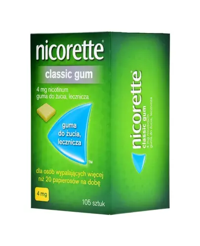 Nicorette Classic Gum 4 mg, 105 gum - Łagodzi głód nikotynowy, zmniejsza objawy odstawienia papierosów