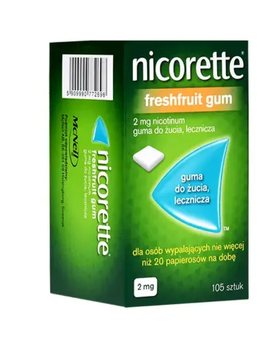 Nicorette FreshFruit 2 mg, lecznicza owocowa guma do żucia, 105 sztuk - Zmniejsza głód nikotynowy, ułatwia rzucanie palenia