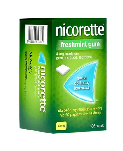 Nicorette Freshmint 4 mg, 105 gum - Zmniejsza głód nikotynowy oraz objawy odstawienia papierosów