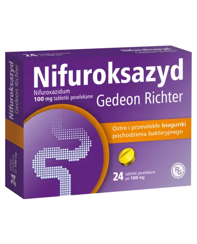 Nifuroksazyd Gedeon Richter 100 mg, 24 tabletki powlekane - Do stosowanania w leczeniu ostrych i przewlekłych biegunek