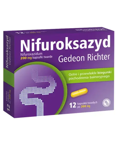 Nifuroksazyd Gedeon Richter 200 mg, 12 kapsułek twardych - Ostre i przewlekłe biegunki pochodzenia bakteryjnego