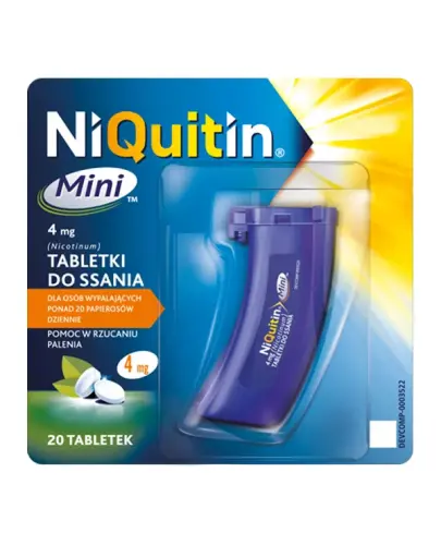 NiQuitin MINI 4 mg, 20 tabletek do ssania - 1 tabletka do ssania zawiera 4 mg nikotyny (w postaci nikotyny z kationitem)