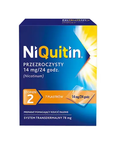 NiQuitin Przezroczysty 14 mg/ 24h, 7 sztuk - Jeden plaster o powierzchni 15 cm2 zawiera 78 mg nikotyny i dostarcza 14 mg nikotyny w ciągu 24 godzin