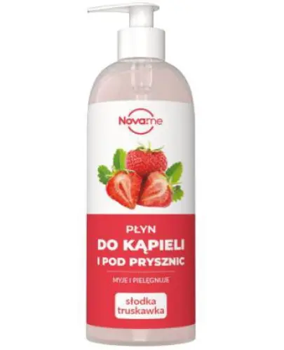 Novame Płyn do kąpieli i pod prysznic, słodka truskawka, 500 ml - Płyn do kąpieli i pod prysznic przeznaczony do codziennego mycia, delikatnie oczyszcza i pielęgnuje skórę