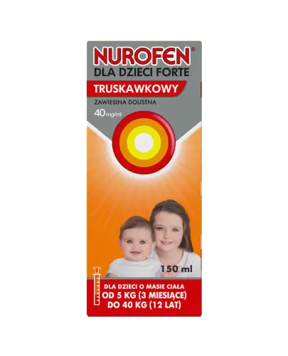 Nurofen dla dzieci Forte truskawkowy, zawiesina doustna 150 ml - Z ibuprofem o działaniu przeciwbólowym i przeciwzapalnym dla dzieci od 3 miesiąca życia