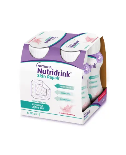 Nutridrink Skin Repair o smaku truskawkowym, 4 x 200 ml - Odżywka wysokobiałkowa dla dorosłych na odleżyny i trudno gojące rany