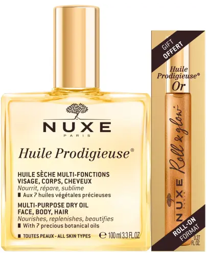 Nuxe Huile Prodigieuse Olejek suchy 100 ml + Or Roll-on 8 ml - Zestaw dwóch wielofunkcyjnych suchych olejków do pielęgnacji twarzy, ciała i włosów