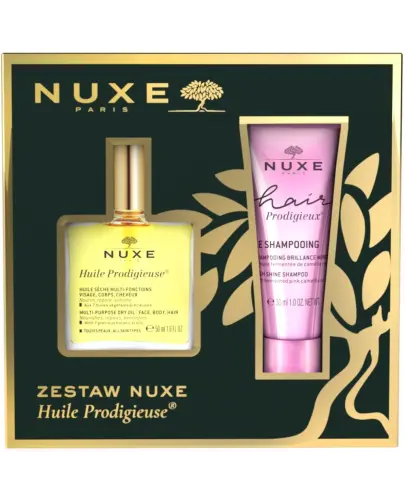 Nuxe Huile Prodigieuse, olejek wielofunkcyjny, 50ml i szampon wygładzający, 30ml - Zestaw do pielęgnacjii twarzy, ciała i włosów