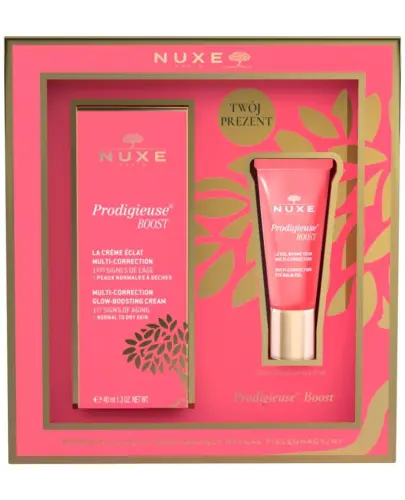 Nuxe Prodigieuse Boost, krem rozświetlający 40 ml + żelowy balsam pod oczy, 15 ml  - Rytuał pielęgnacyjny do skóry suchej