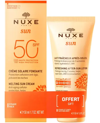 NUXE Sun Krem do twarzy SPF50, 50 ml + Balsam po opalaniu, 50 ml - Zapewnia wysoki filtr przeciwsłoneczny, a po opalaniu koi i nawilża, przywracając skórze komfort.