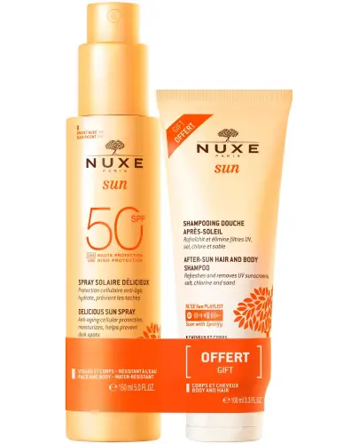 Nuxe Sun mleczko do opalania twarzy i ciała SPF50, 150 ml + żel pod prysznic po opalaniu, 100 ml - Kompleksowa ochrona przed słońcem