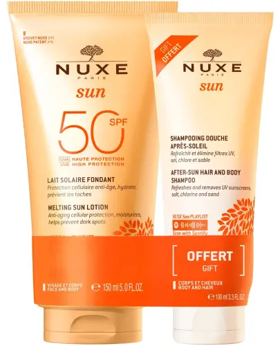 NUXE Sun Mleczko do opalania twarzy i ciała SPF50, 150 ml + Żel pod prysznic po opalaniu, 100 ml - Duet na słoneczne dni zapewniający wysoką ochronę SPF50 i łagodzącą pielęgnację po opalaniu.