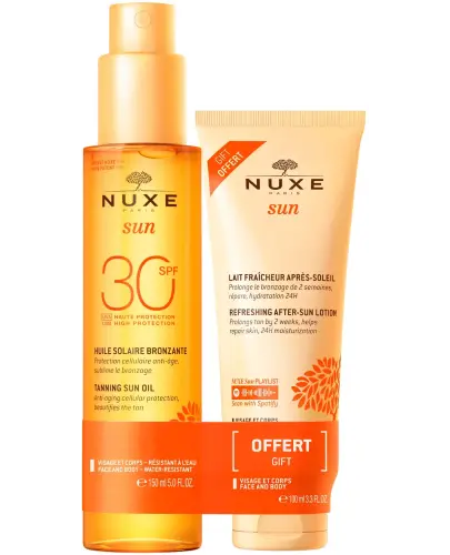 Nuxe Sun Olejek do opalania do twarzy i ciała SPF 30, 150 ml + Balsam po opalaniu, 100 ml - Doskonała ochrona przed promieniowaniem UV i kompleksowa pielęgnacja skóry po słońcu.