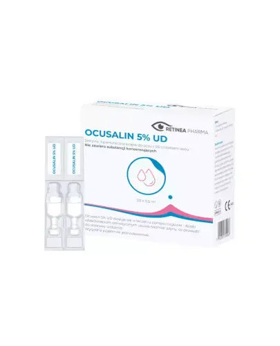 Ocusalin 5% UD, krople do oczu, 20 x 0,5 ml - Hipertoniczny roztwór chlorku sodu do stosowania w przypadkach obrzęku rogówki