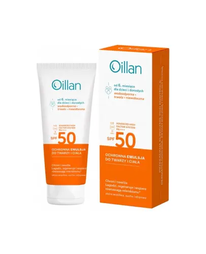 Oillan Ochronna emulsja przeciwsłoneczna do twarzy i ciała z filtrem SPF 50 do skóry wrażliwej, 100 ml - Od 6. miesiąca życia