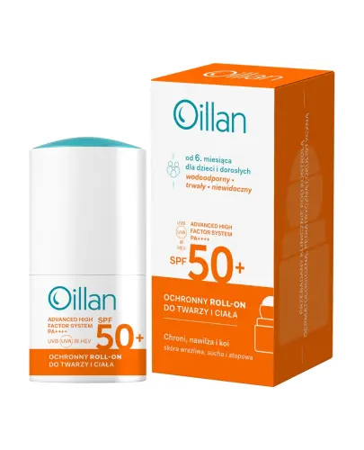 Oillan Ochronny roll-on przeciwsłoneczny z filtrem SPF 50, 50 ml - Przeciwsłoneczna ochrona twarzy i ciała, do skóry wrażliwej