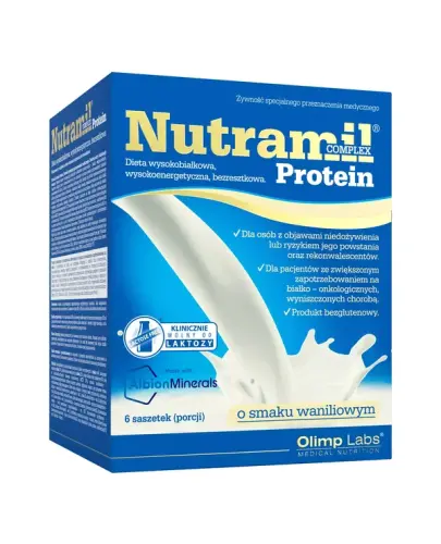 Olimp Nutramil Complex Protein o smaku waniliowym, 6 saszetek - Dla osób ze zwiększonym zapotrzebowaniem na białko