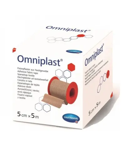 Omniplast Plaster na tkaninie 5 cm x 5 m, 1 sztuka - Przylepiec z tkaniny wiskozowej w kolorze cielistym