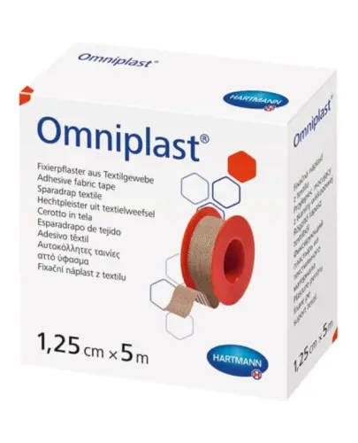 Omniplast Plaster na tkaninie 1,25 cm x 5 m, 1 sztuka - Przylepiec z tkaniny wiskozowej w kolorze cielistym